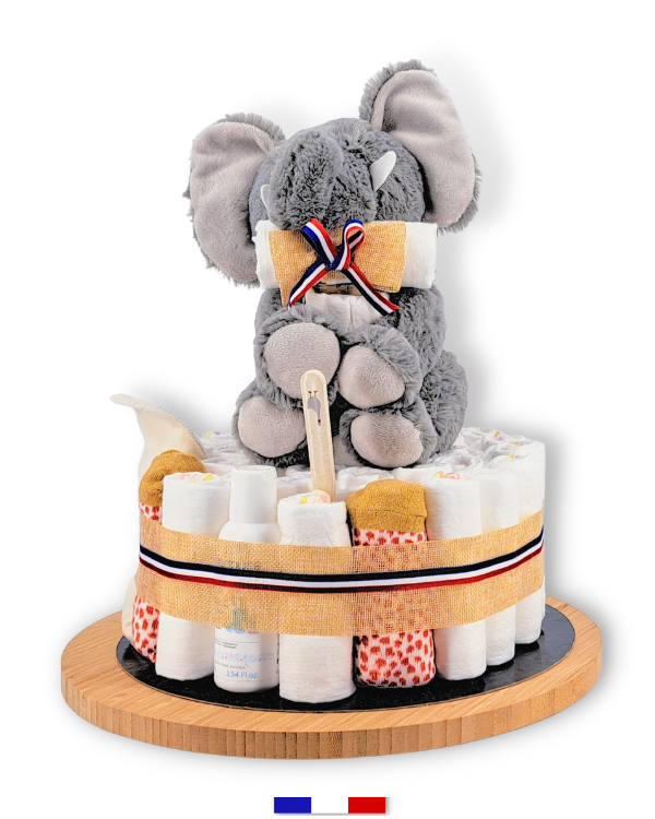 Gâteau de couches pour bébé mixte avec peluche éléphant bouillotte  (fabriqué en France)