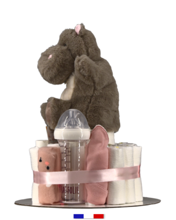Les gâteaux de couches ART BABY sont des cadeaux de naissance composés de couches et accessoires pour bébé. Gâteau de couches hippopotame