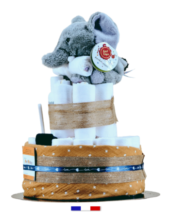 Ce gâteau de couches avec sa jolie peluche Eléphant est un cadeau de naissance parfait pour bébé garçon, bébé fille, bébé mixte (droite)