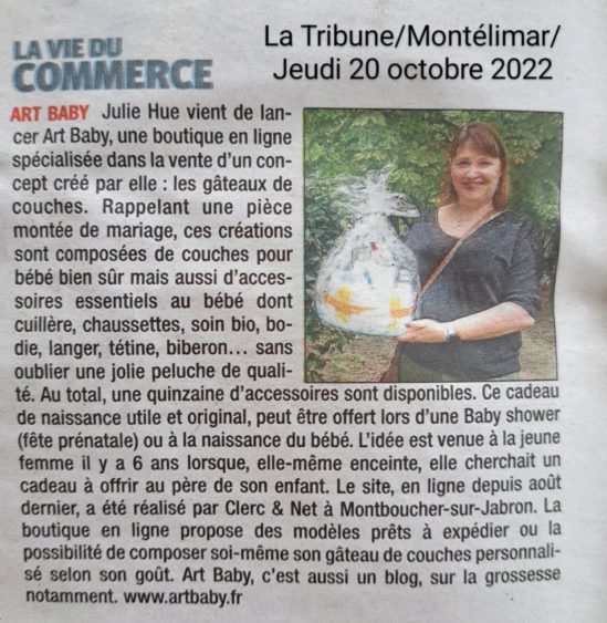 Article de presse présentant Art Baby le spécialiste des gâteaux couches (journal la Tribune/Montélimar)