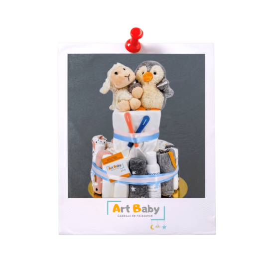 les gâteaux de couches art baby sont composés de couches premium et d'accessoires utiles pour bébés