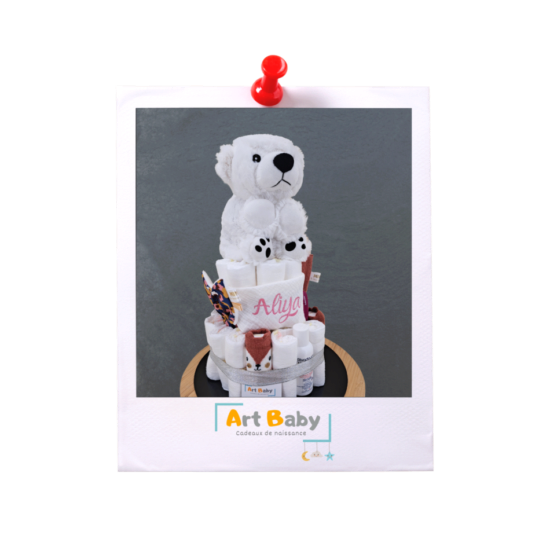 ce magnifique gâteau de couches ours polaire à été offert à la naissance d'un bébé dans l'entreprise